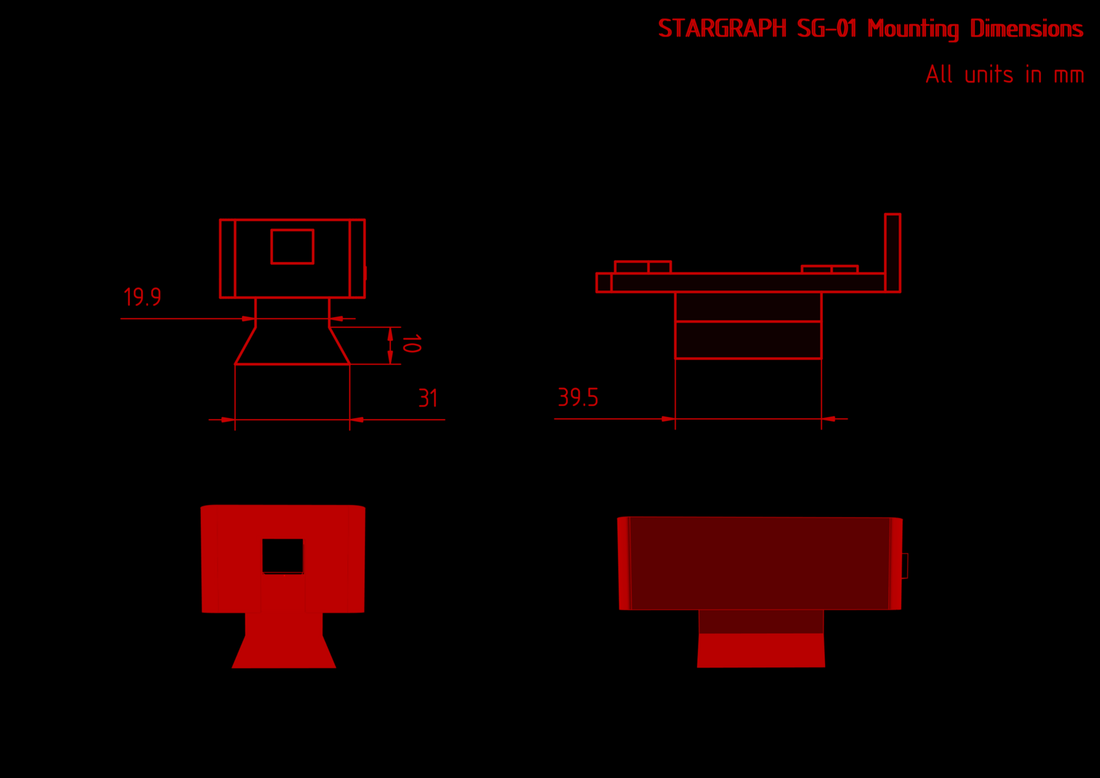 A dimensions drawing for the Stargraph unit, showing the trapezoidal shape of the mounting bracket.
